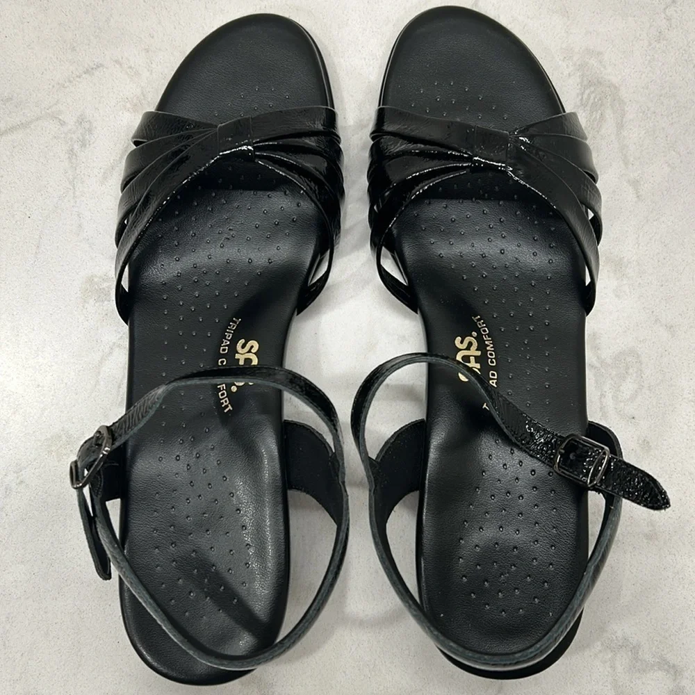 SAS Strippy Quarter Strap Wedge Sandal Women's Stylish Black Patent Size 9